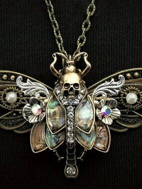 Vintage Boho Moth Pendant Necklace with Skull